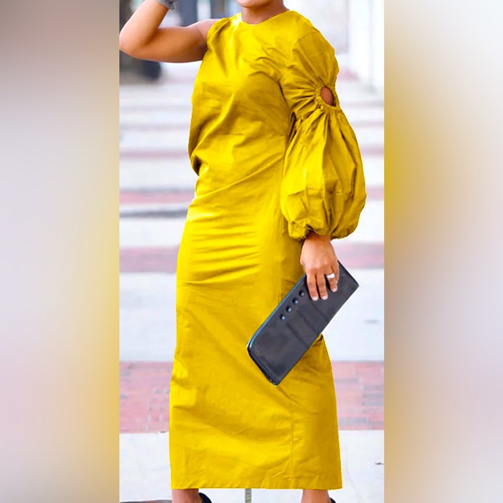 Step into Spring in this asymmetrical, 1-shoulder, full sleeve midi dress! NWOT